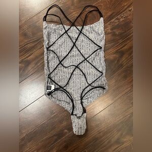 SHEIN Sexy Black and Gray Strappy Bodysuit